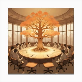 A Group Of Students Sitting Around A Circular Table With A Glowing, Orange Leafed Tree Growing From Its Center Canvas Print