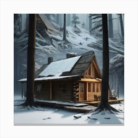 Small wooden hut inside a dense forest of pine trees with falling snow 13 Canvas Print