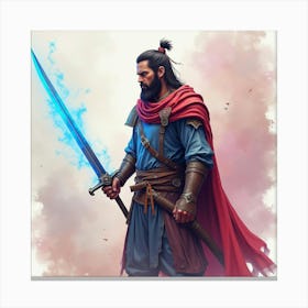 Warrior With Magical Sword, Vivid Watercolor Setting 1 Canvas Print