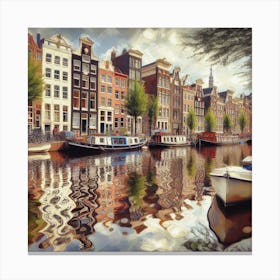 Amsterdam Canals - A canal scene in Amsterdam, but the houses and boats are not reflected in the water in a normal way. Instead, they are reflected in a distorted and fractured way, creating a sense of illusion and fantasy. The scene is rendered in a realistic, painterly style. Canvas Print