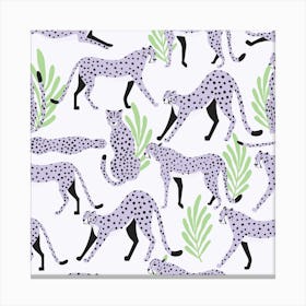 Tropical Light Purple Cheetah Pattern On White With Green Florals Square Canvas Print