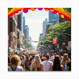 Crowds Of People In Rainbow Attire Fill The Streets Of A Bustling Urban Center At The Multiracial Pr (2) 1 Canvas Print