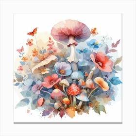 Mushrooms And Flowers Delicate Watercolor Petals Canvas Print