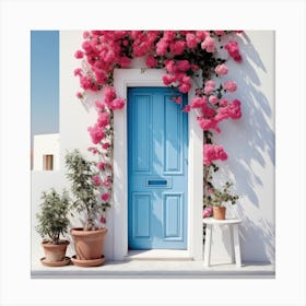 Blue Door With Pink Flowers 1 Canvas Print