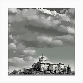 This image depicts a large, historic church situated on a hilltop, Monte dei Cappuccini, with a dramatic and expansive sky filled with thick, billowing clouds. The scene is rendered in grayscale, giving it a timeless and serene quality. The architecture of the monastery is detailed, with a prominent central dome and multiple buildings extending outward. The contrast between the solid, structured buildings and the fluid, dynamic clouds creates a striking visual effect. Canvas Print