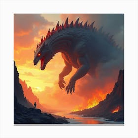 Titan Monster In A Watercolor Fiery Volcanic Scene 1 Canvas Print