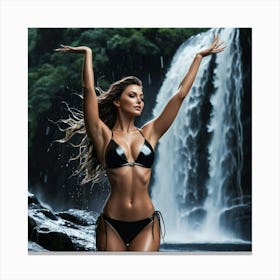 Beautiful Woman In Bikini In Front Of Waterfall yuh Canvas Print