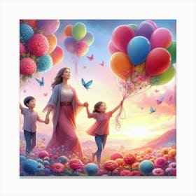 Mother And Children With Balloons 1 Canvas Print