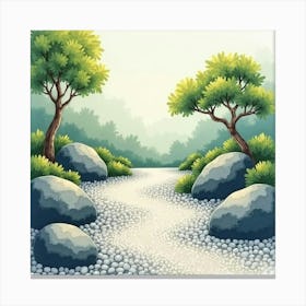 A Peaceful Zen Garden With Raked Gravel, Painted In Soft, Serene Watercolor Hues 1 Canvas Print