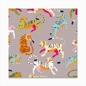 Colorful Tiger Pattern On Gray Square Canvas Print