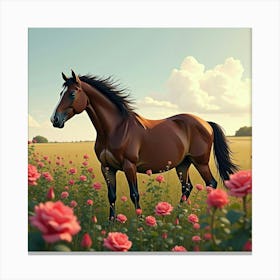 Horse Near Field Of Roses 1 Canvas Print