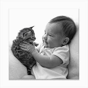 Black And White Baby Playing With Kitten Canvas Print