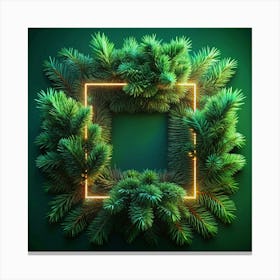 Glowing Neon Green Square Frame Surrounded By Pine Branches 1 Canvas Print