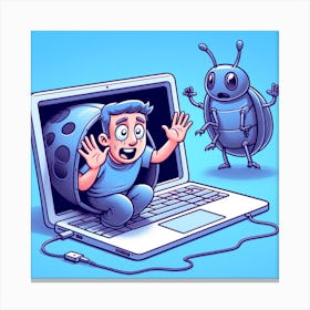 Cartoon Illustration Of A Bug On A Laptop Canvas Print