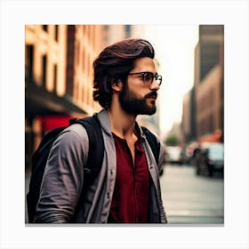 Man Black Hair Beard Red Brown Shirt Looking Away Black Backpack Glasses Metal Building (3) Canvas Print