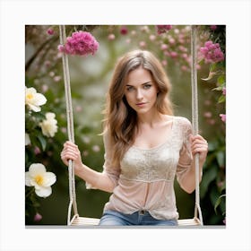 Beautiful Young Woman On A Swing Canvas Print