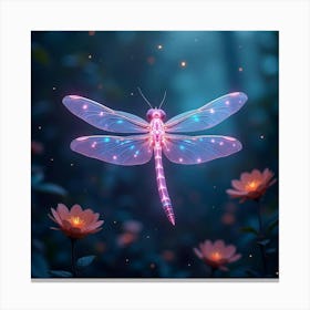 An Abstract Dragonfly With Wings Of Shimmering, Neon Light Fluttering In A Cosmic Garden Canvas Print