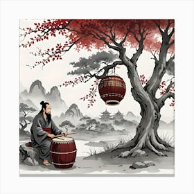 Chinese Landscape With Musician Under A Tree Playing Drum, Red, Black and White Canvas Print