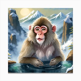 Snow Monkey In Hot Springs, Snowy Mountain And Misty Valley Canvas Print