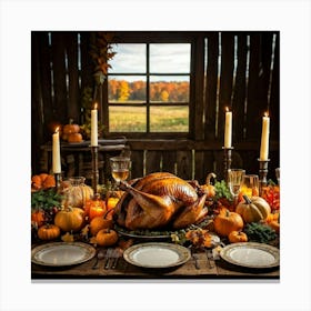 Autumn Feast Featuring Roasted Turkey Garnished With Fresh Herbs Surrounded By Carved Pumpkins Din (6) Canvas Print