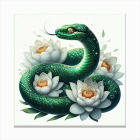 Green Snake With Lotus Flowers Canvas Print