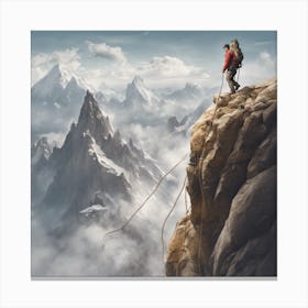An Adventurer Climbs A High Mountain With Ropes Canvas Print