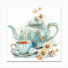 Teapot Blue Cup And Watercolor Flowers Canvas Print