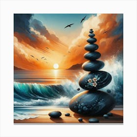 Balancing pebbles at sunset Canvas Print