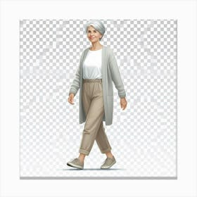 A digitally rendered illustration of an elderly woman with gray hair and a warm smile, wearing a white shirt, tan pants, and gray cardigan sweater, while taking a leisurely stroll, perhaps enjoying the outdoors on a pleasant day. Canvas Print