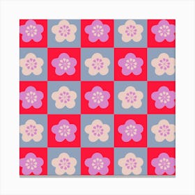 SAKURA CHECKERBOARD Japanese Cherry Blossom Flowers Geometric Checkered Grid in Red Lavender Purple Powder Blue Cream Canvas Print