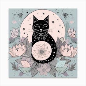 Black Cat With Flowers Canvas Print