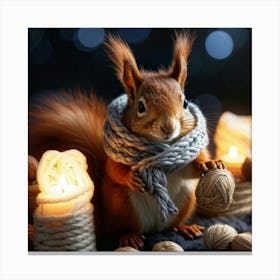 Squirrel Wrapped In A Cabled Knit Scarf With Fringed Ends Nestled In A Knitted Basket Hazelnuts Sca Canvas Print