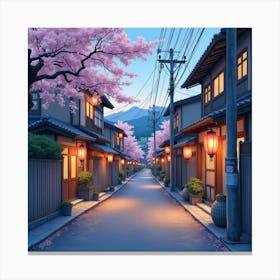 A Quiet Japanese Street At Dusk, Lanterns Glowing Softly, With Cherry Blossoms In The Air, Watercolor Canvas Print