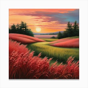 A serene and vibrant landscape depicting a lush green field swaying gently in the morning breeze Canvas Print