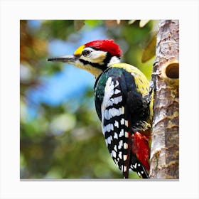 Colorful Pielated Woodpecker On A Tree Canvas Print