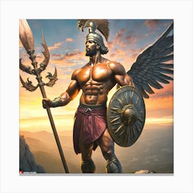 Firefly The Image Depicts A Statue Of A Muscular Man With A Large Winged Helmet, Holding A Spear In (1) Canvas Print