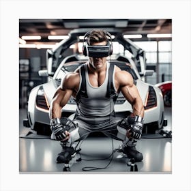 Alpha Male Model Working Out With Heavy Weight Machine, Wearing Futuristic Sonic Armor Exoskeletons And Vr Headset With Headphones Award Winning Photography With Sports Car Racing In Background Designed And C (2) Canvas Print