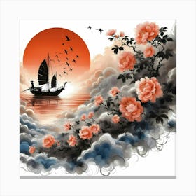 Abstract ink painting art of the boat returns carrying the setting sun with begonia flower Canvas Print