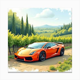 Lamborghini Gallardo Surrounded By A Watercolor Lush Vineyard 1 Canvas Print