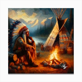 Oil Texture Native American Indian By A Campfire 2 Copy Canvas Print