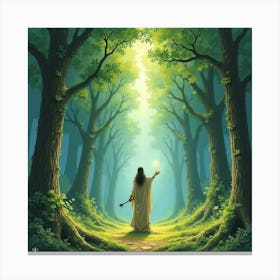 Druid Summoning Nature Spirits In An Ancient Forest, Watercolor Art 1 Canvas Print