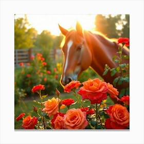 Horse In Rose Garden Canvas Print