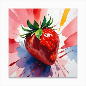 A Single, Large Strawberry Against A Backdrop Of Pink And Blue Watercolor Splashes Canvas Print