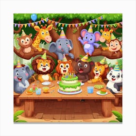 Birthday Party In The Jungle - A group of jungle animals are having a party in a treehouse. The animals are all different shapes and sizes, and they are all wearing funny hats and costumes. The treehouse is decorated with balloons and streamers, and there is a big cake in the middle of the table. The animals are all laughing and having a good time. 1 Canvas Print