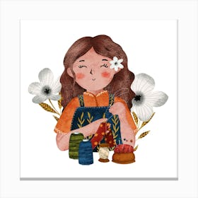 Little Girl In Apron Seamstress illustration Canvas Print