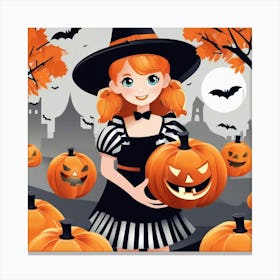 Halloween Girl With Pumpkins Canvas Print