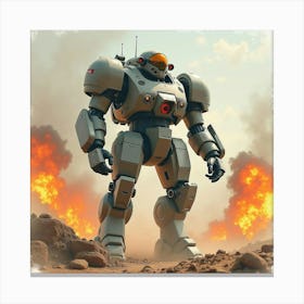 Mech Pilot Standing In A Sci Fi Battlefield With Explosions, Watercolor 1 1 Canvas Print