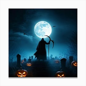 Reaper Silhouette Scythe Raised Against A Backdrop Of A Full Moon On Halloween Night With Wisps O (1) Canvas Print