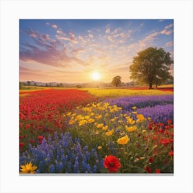 Sunset In A Flower Field Canvas Print