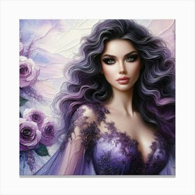 Beautiful Woman With Purple Roses Canvas Print